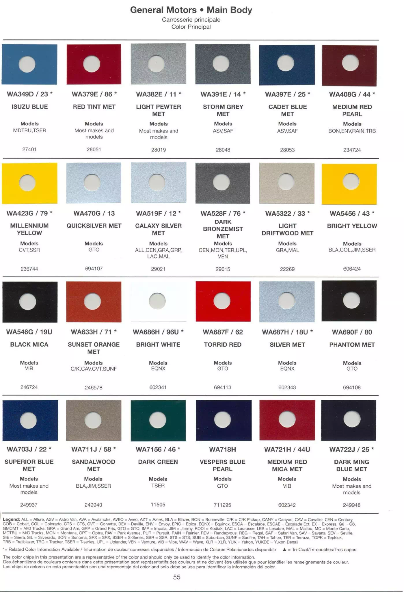 Color Chart and Paint Codes used on all General Motor Vehicles in 2005