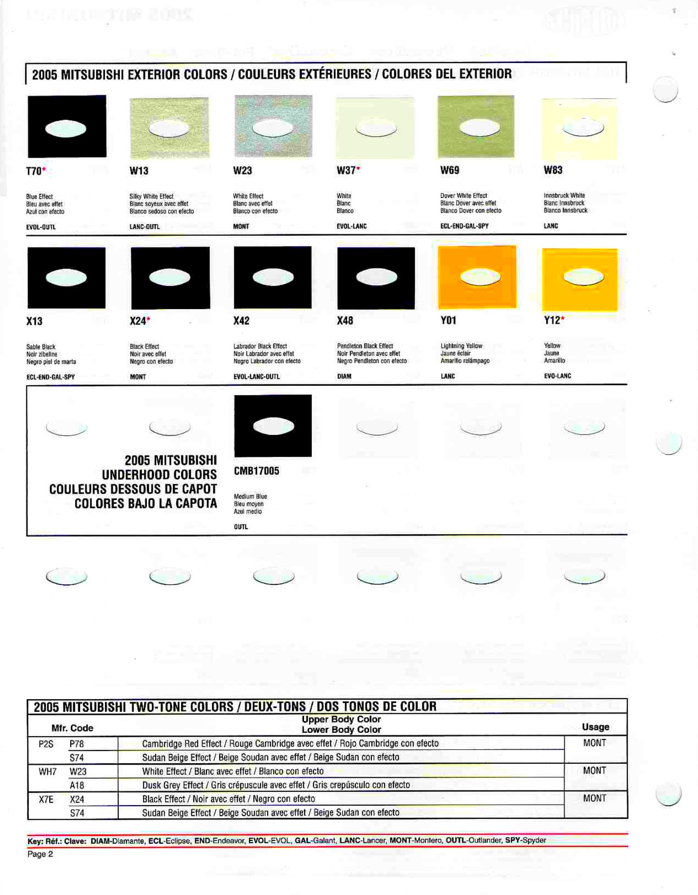a color chart for 2005 Mitsubishi exterior paint codes color names a paint swatches.
