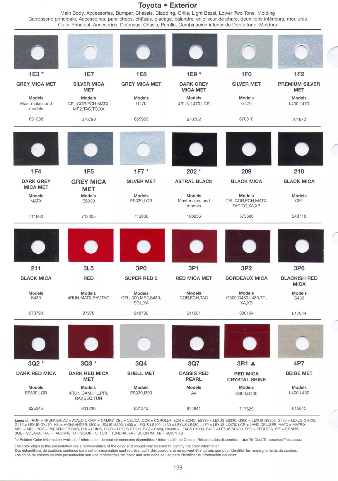 A photo showing Toyota and Lexus paint color examples, their codes and mixing stock numbers