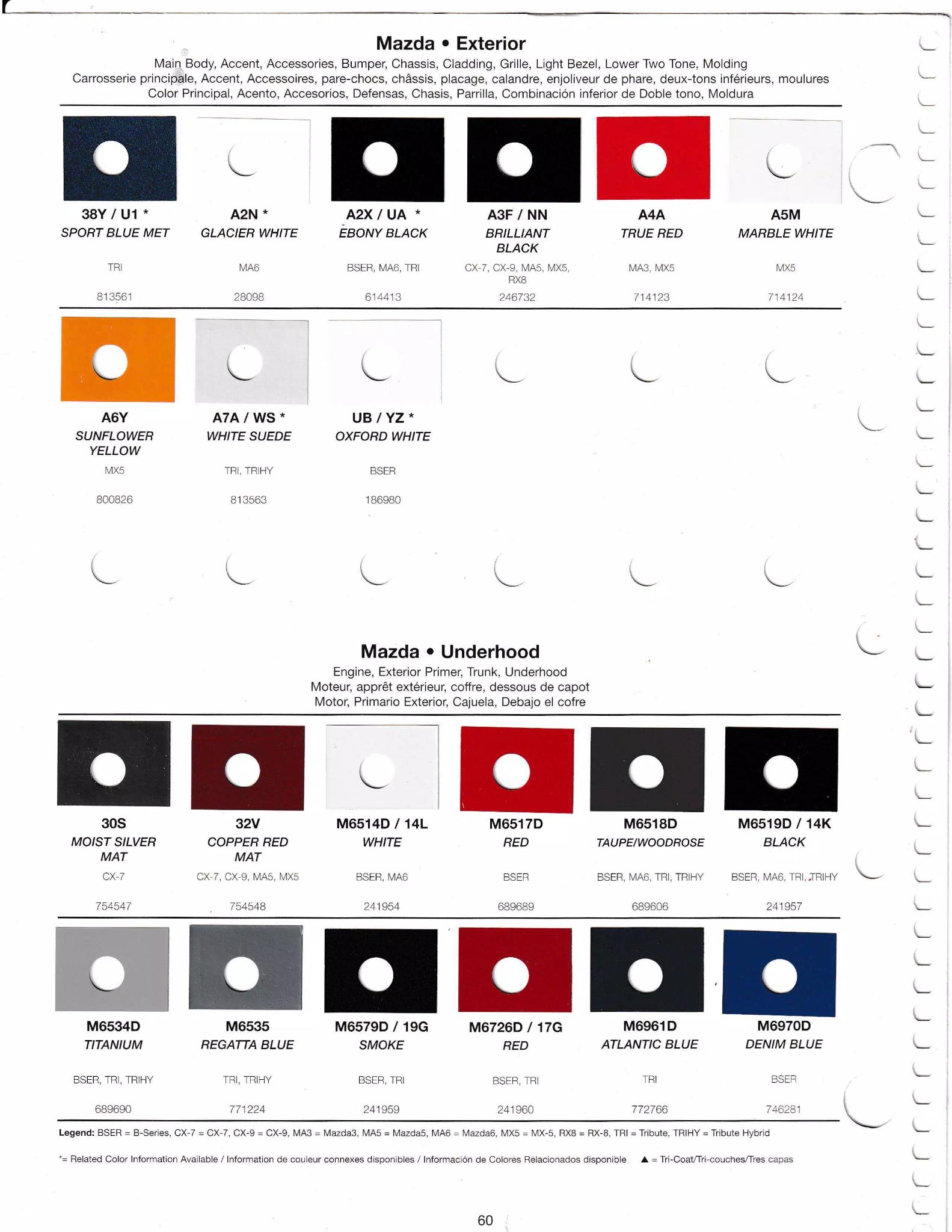 oem paint chips, paint codes, color names, and basf mixing stock numebrs for 2009 model Mazda automobiles.