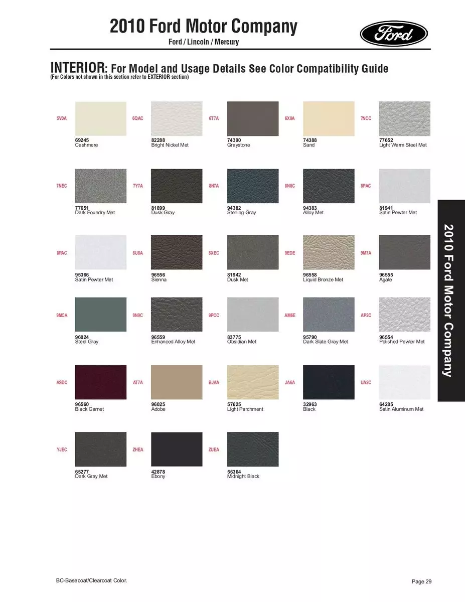 paint codes, color swatches and color names for all 2010 Ford Lincoln and Mercury vehicles produced in 2010