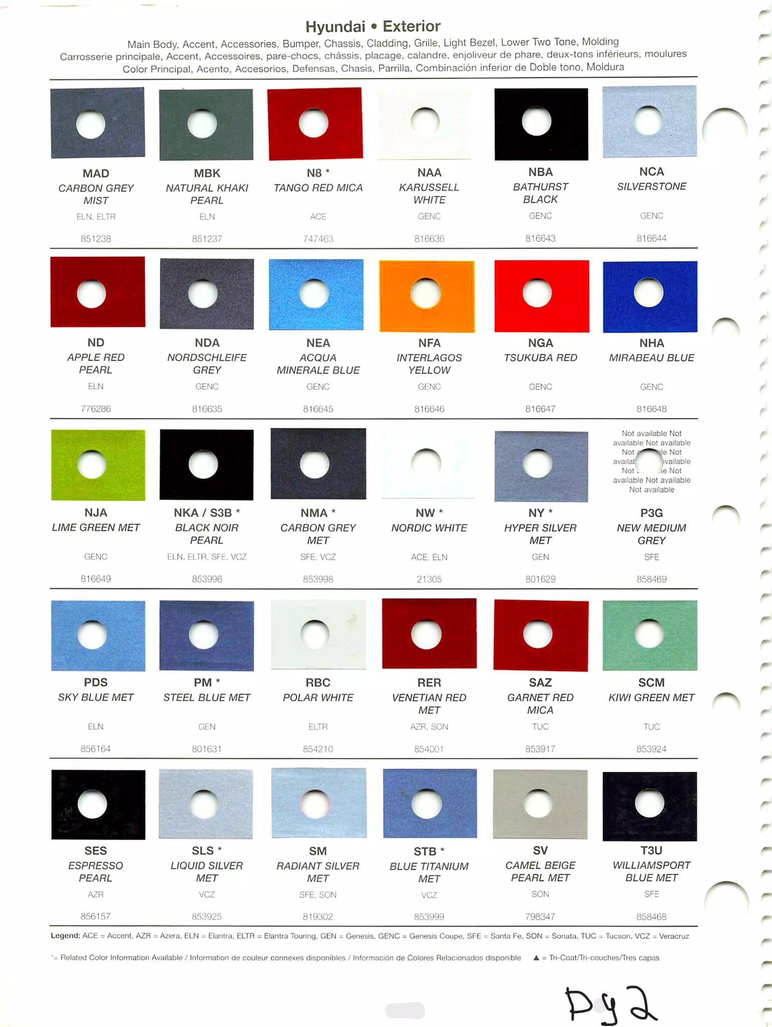 Paint color swatches, color names, mixing stock numbers, and the vehicle they go to for 2010 Hyundai automobiles.