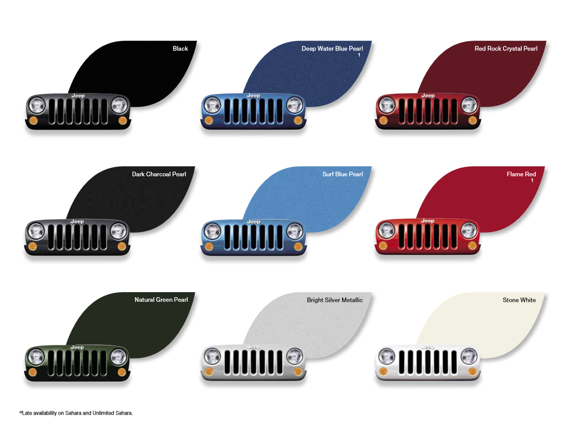 Various Colors used on the exterior of the Jeep Wrangler