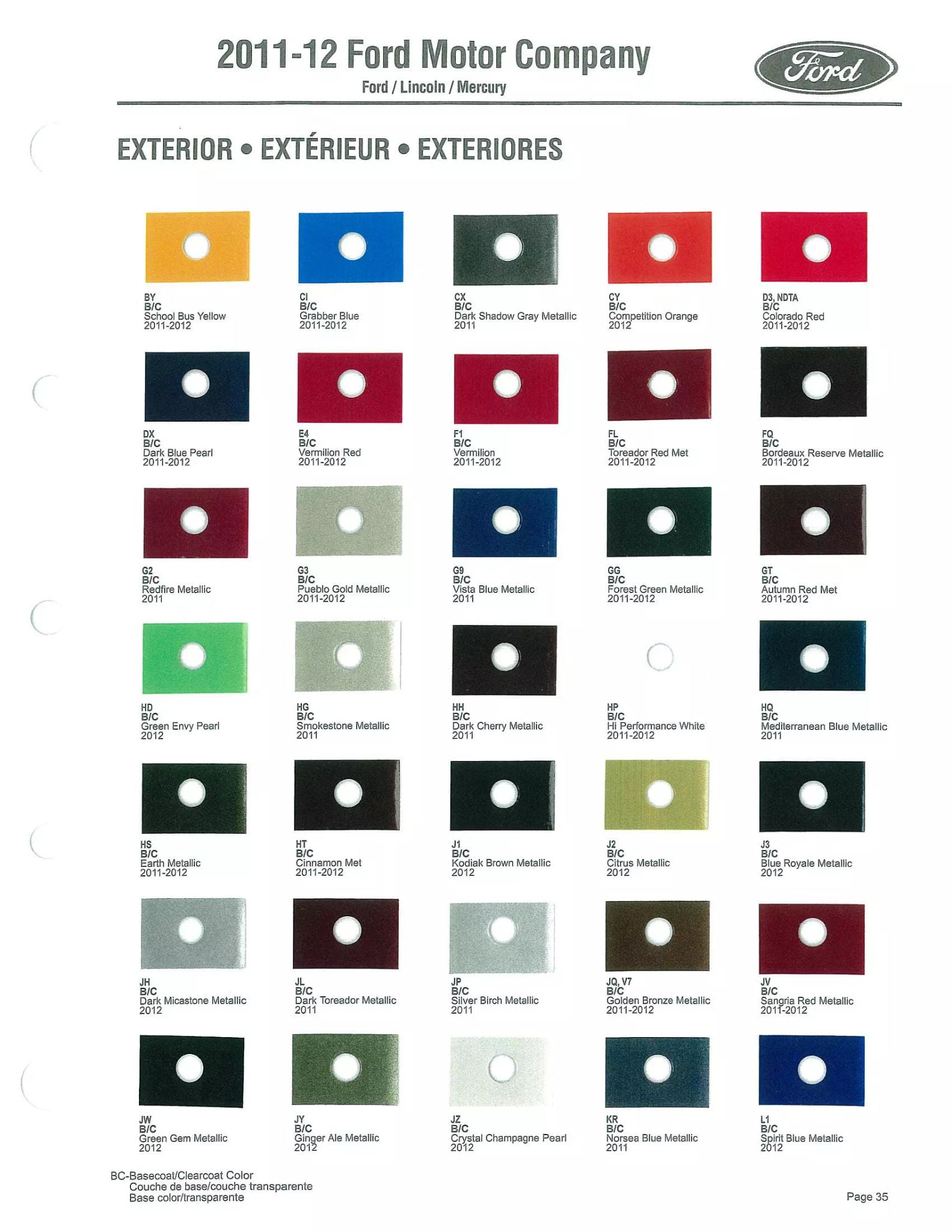 Shows the paint code, and color example for the color used on ford motor company