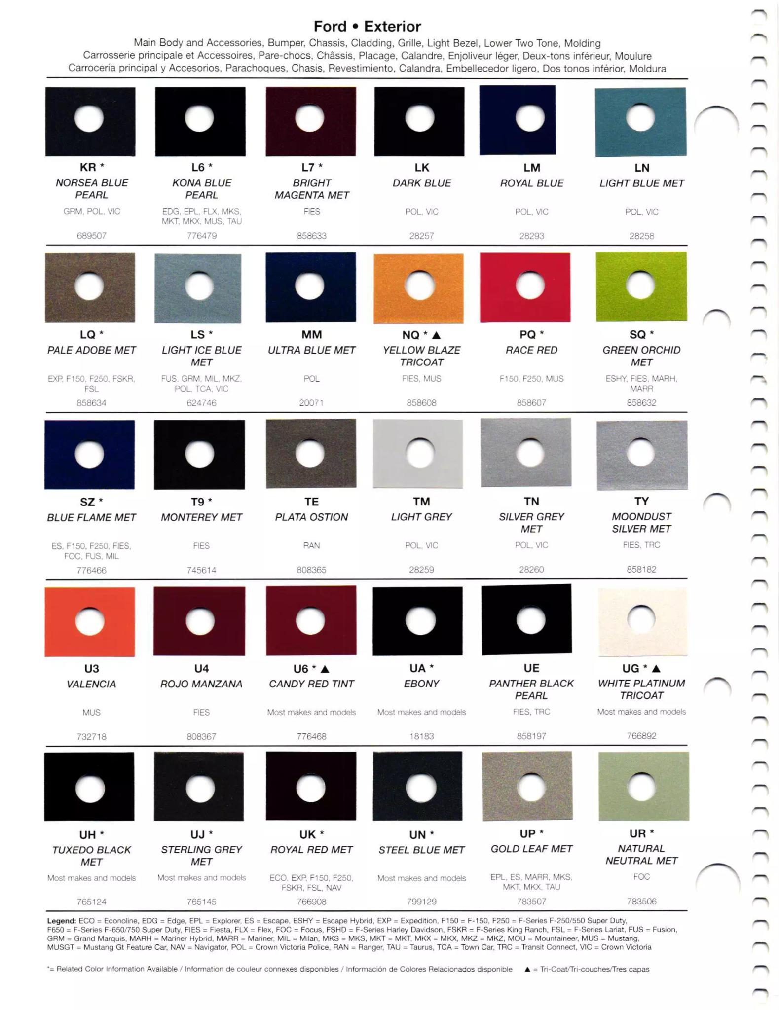 Paint codes, and their ordering stock numbers for their color on 2011 vehicles