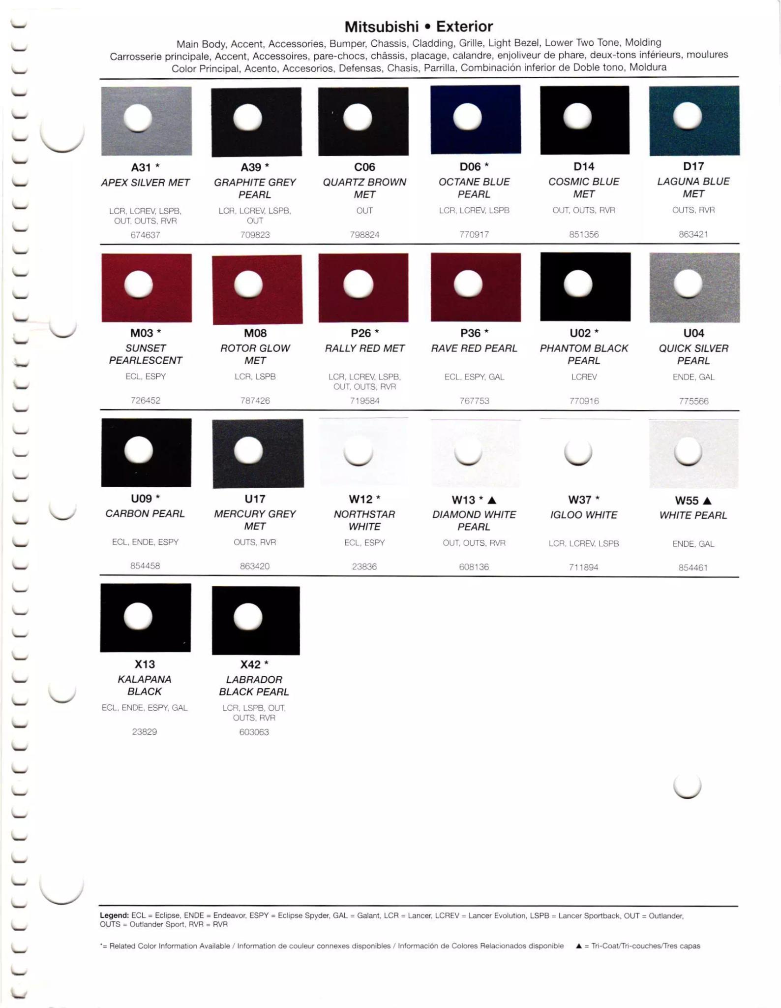 a color chart showing 2011 Mitsubishi exterior paint codes, and their color names.