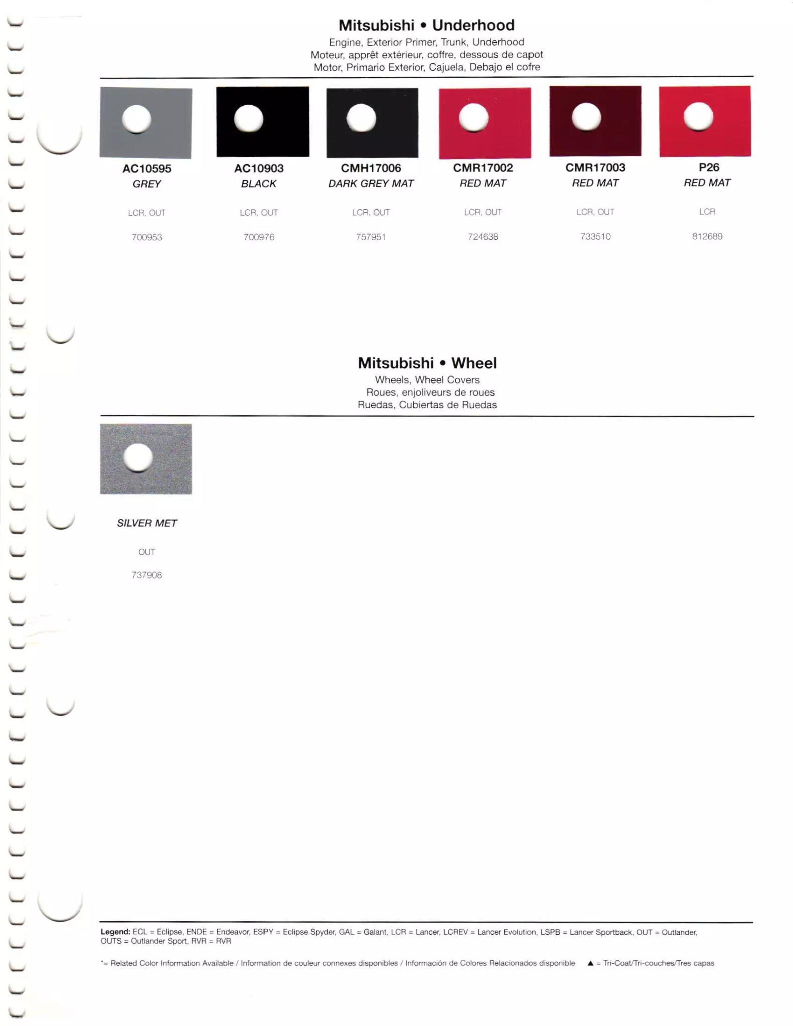 a color chart showing 2011 Mitsubishi exterior paint codes, and their color names.