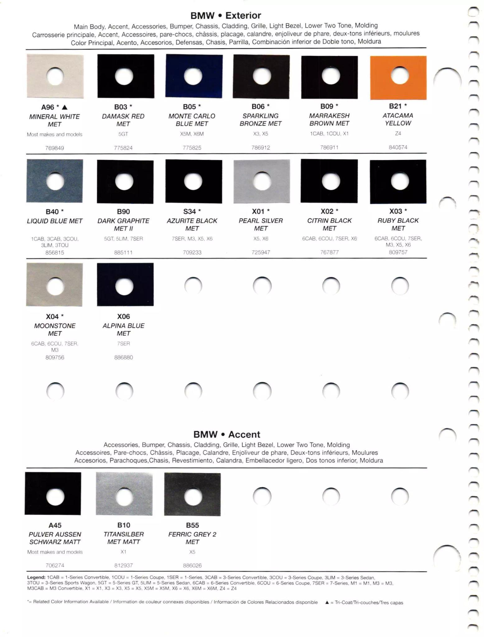 exterior main body paint codes for BMW Vehicles used in 2012.  Ordering codes, color shades, paint chips