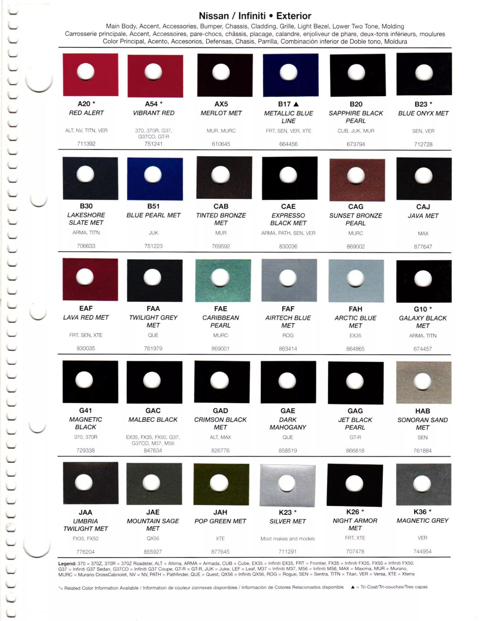 Paint codes, and their ordering stock numbers for their color on 2012 vehicles