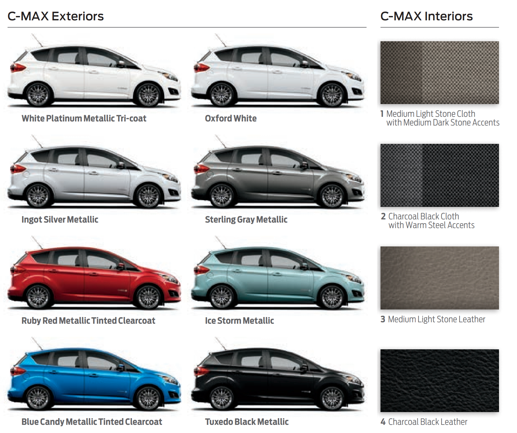 A picture showing exterior and interior paint samples for the 2014 Ford C-max vehicles
