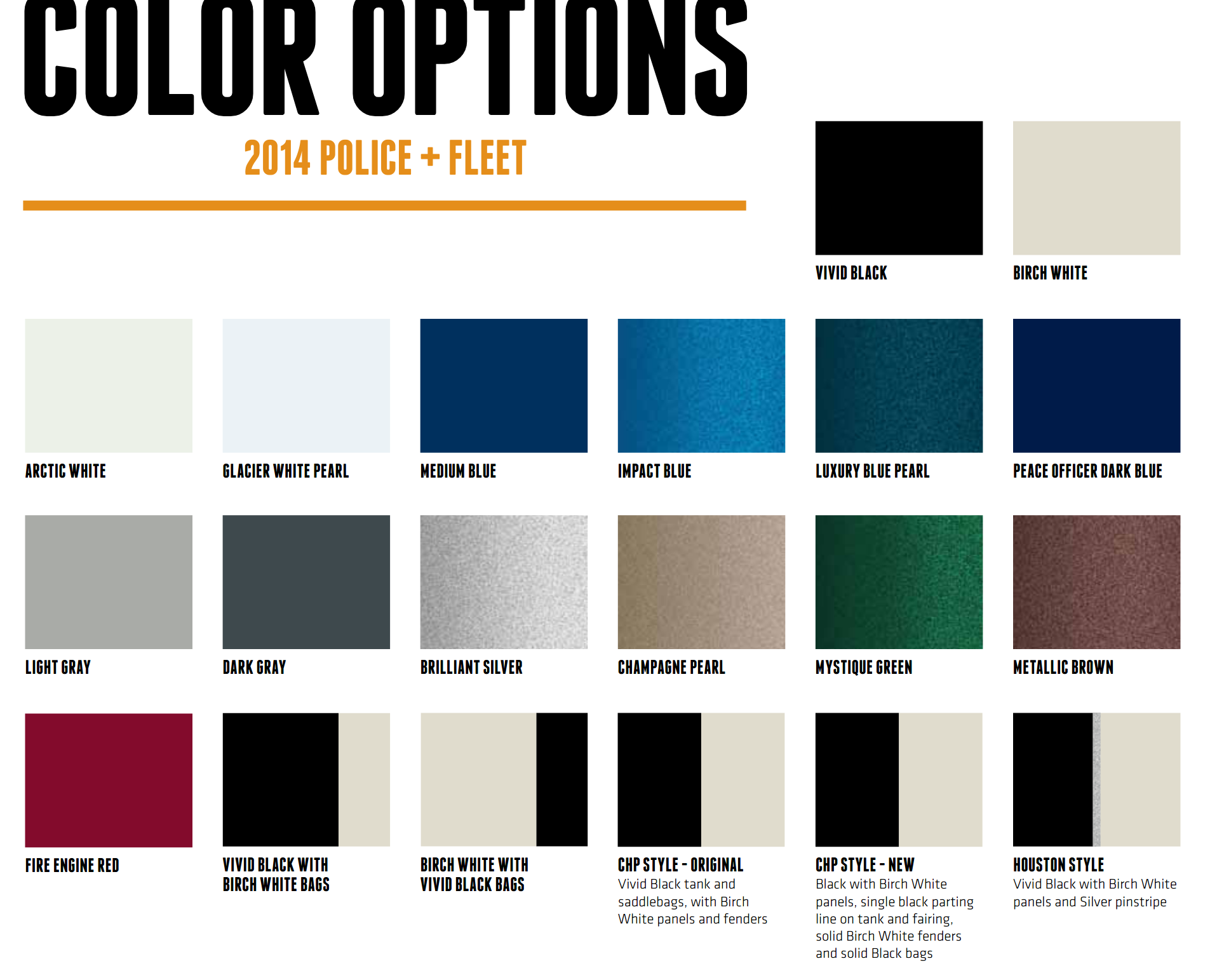 Paint colors used on Harley Davidson motorcycles in 2014