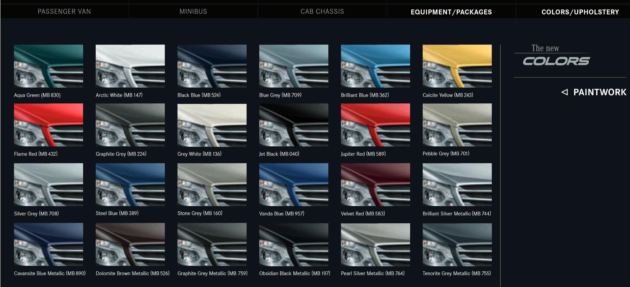 vehicle examples, color names, and color codes for the Mercedes-Benz Vehicle