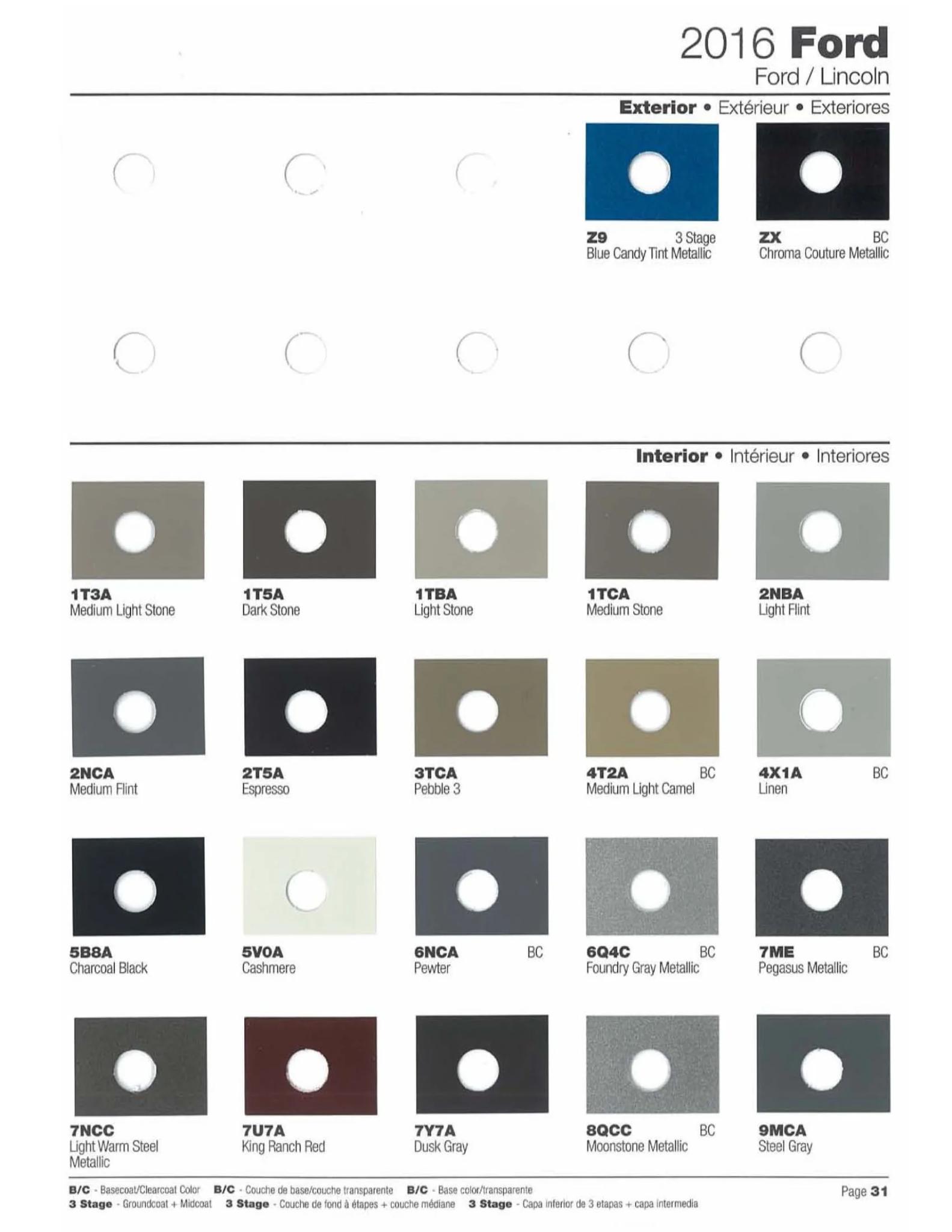 Color swatches, color names and their ordering paint codes for Ford Motor Company vehicles in 2016