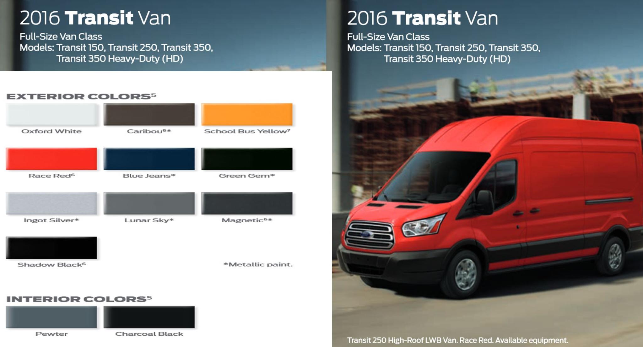colors the Ford Transit came in with paint codes, color names and the vehicle example