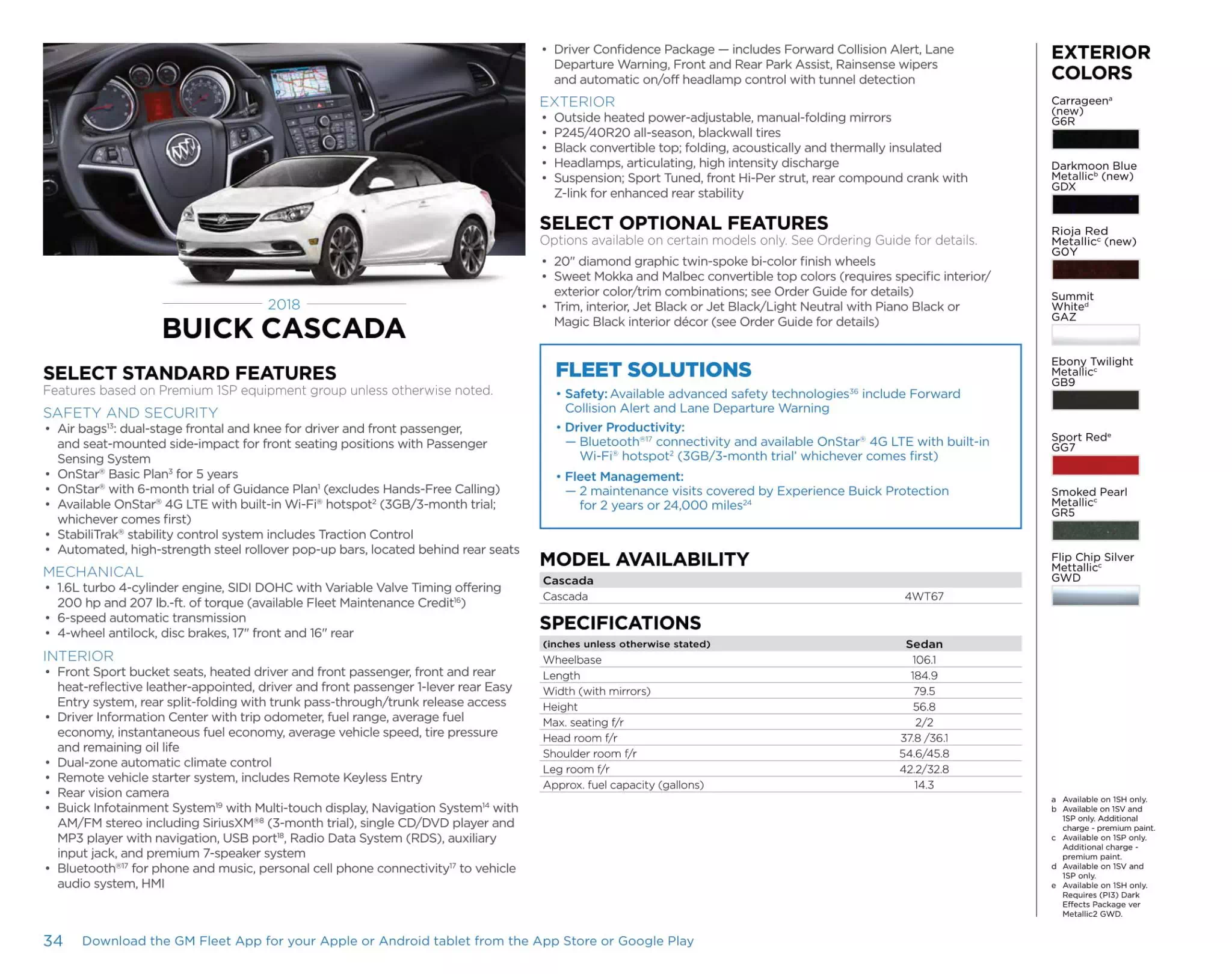 General Motors Sell sheet for Buick Cascada Models, and Color Codes in 2018
