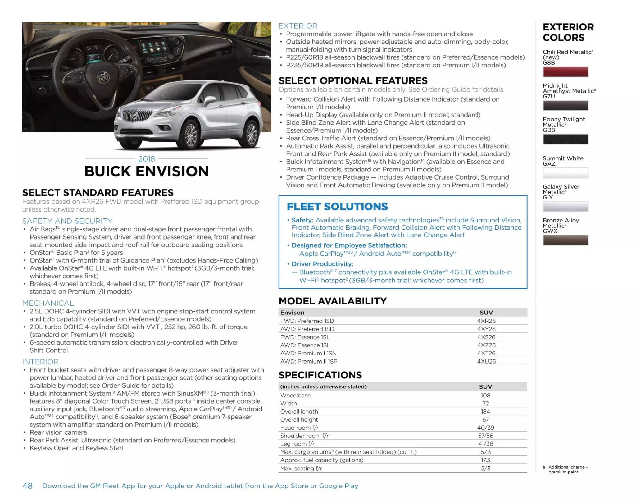 General Motors Sell sheet for Buick Envision Models, and Color Codes in 2018