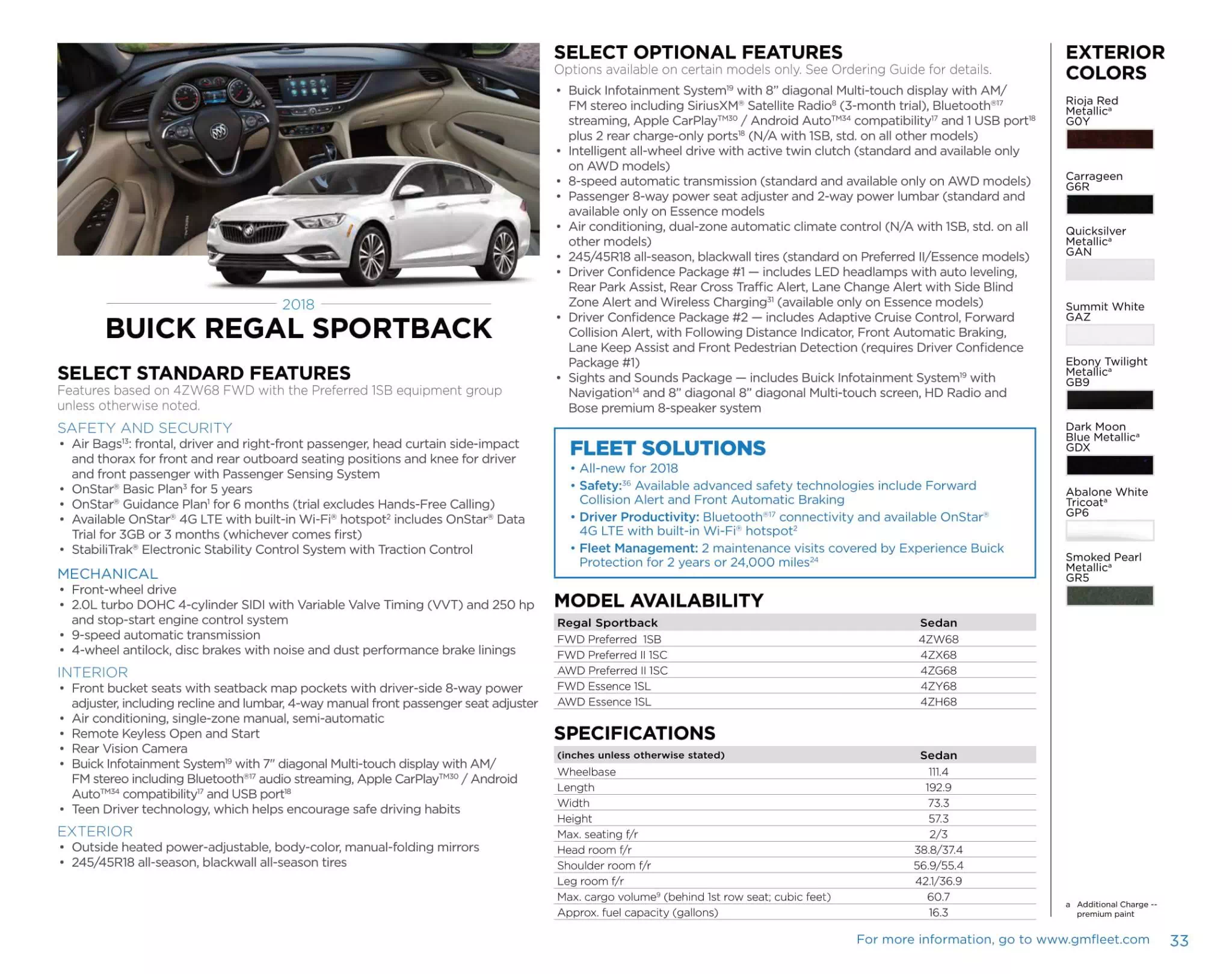General Motors Sell sheet for Buick Regal Models, and Color Codes in 2018