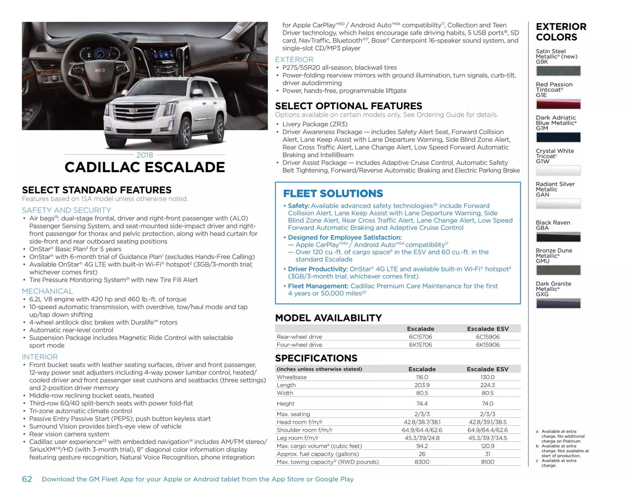 2018 GM Sell Sheet For escalade Color Codes and Models
