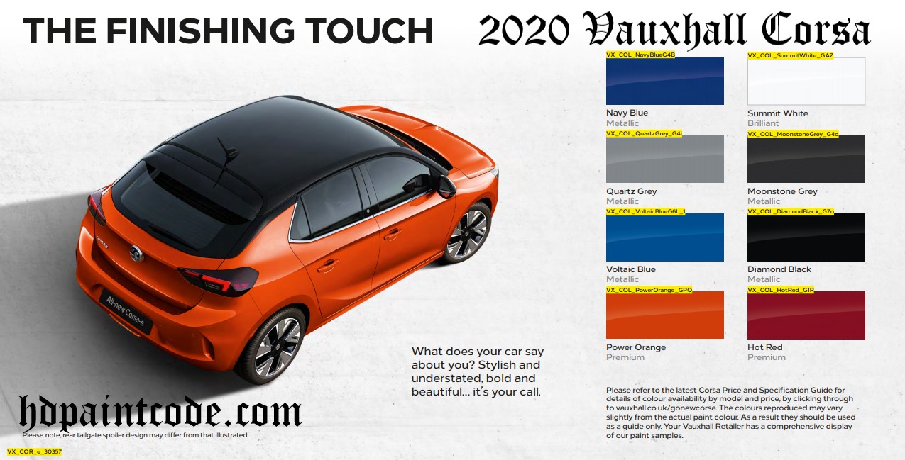 Colors used on the Vauxhall Corsa Vehicles in  2020