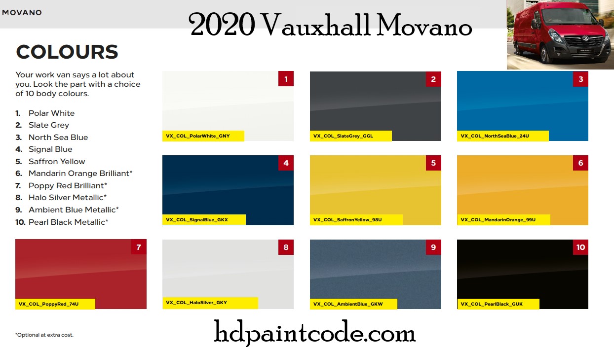 Colors used on Vauxhall Movano Vehicles in  2020