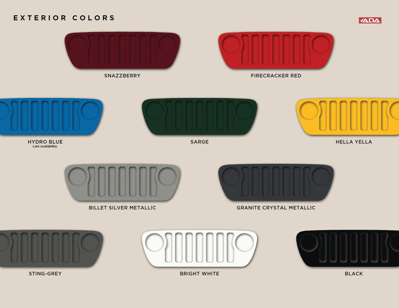 Various Colors used on the exterior of the Jeep Wrangler