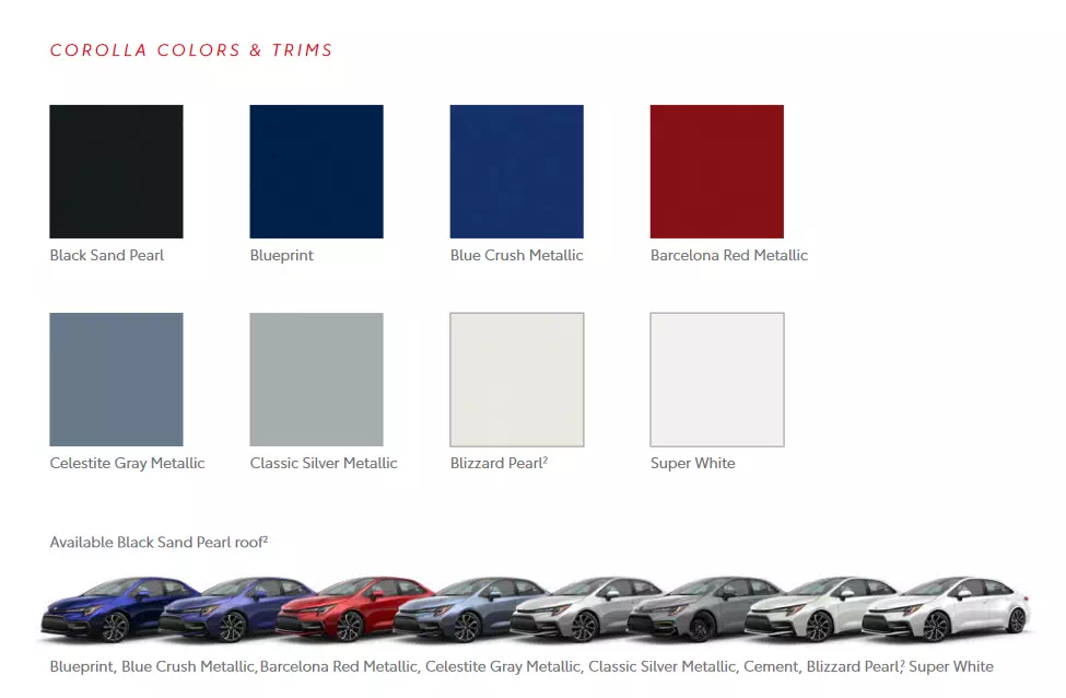 a image that shows colors that the exterior Toyota vehicles came in