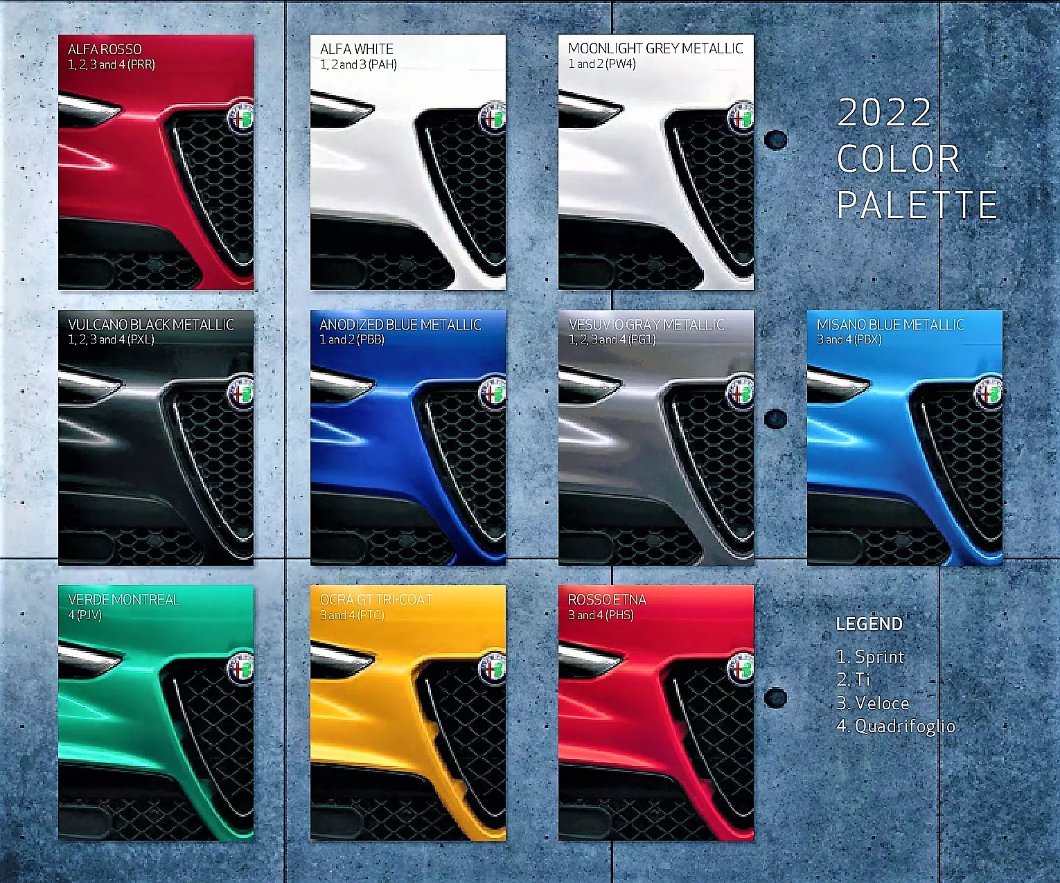 For the 2022 year color shades and examples of the exterior color of the Alfa Romeo model.