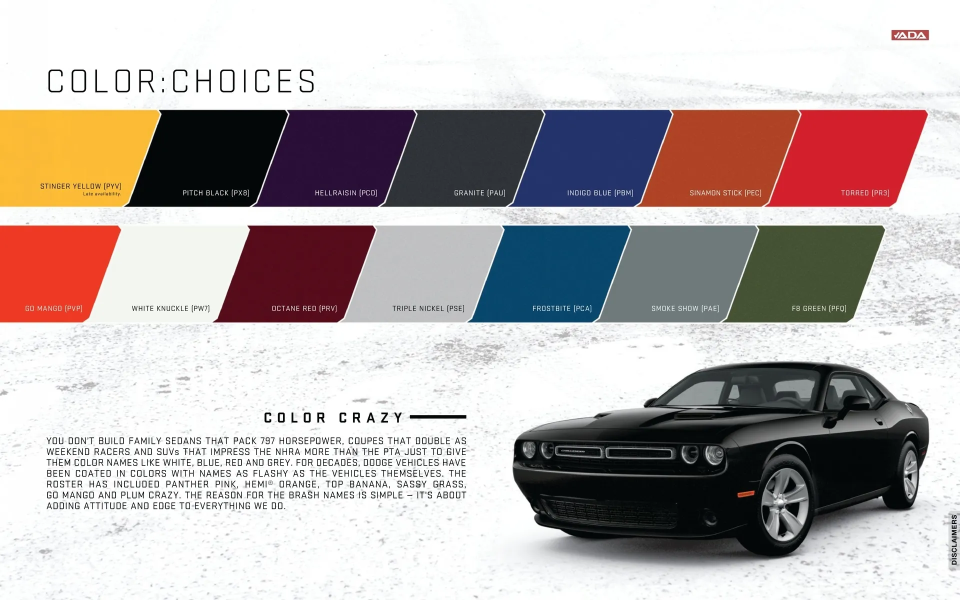 paint color examples along with ordering codes for exterior colors of the Dodge Challenger