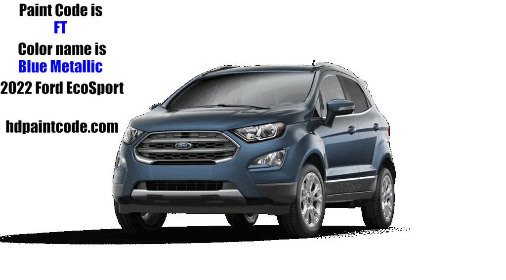 a picture showing the 9 colors the ford ecosport came in, the vehicle example, the color name, and the shade of the paint code