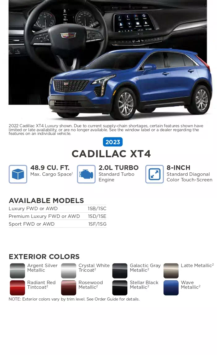 color names, vehicle and exterior color examples used on cadillac in 2023