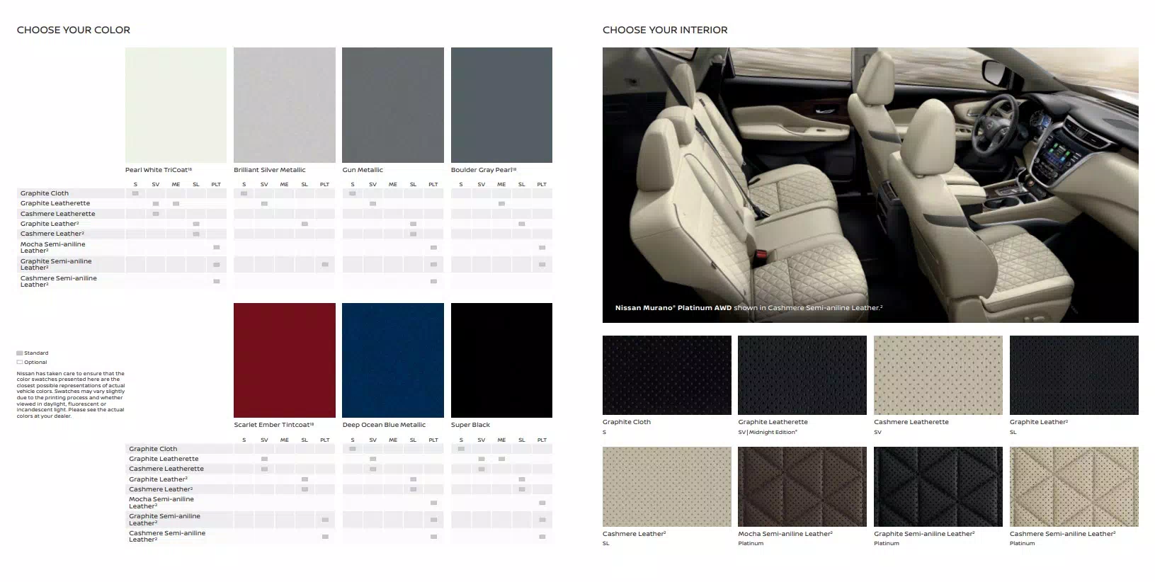 an image showing the Nissan Murano Colors used for 2023.  Interior and Exterior