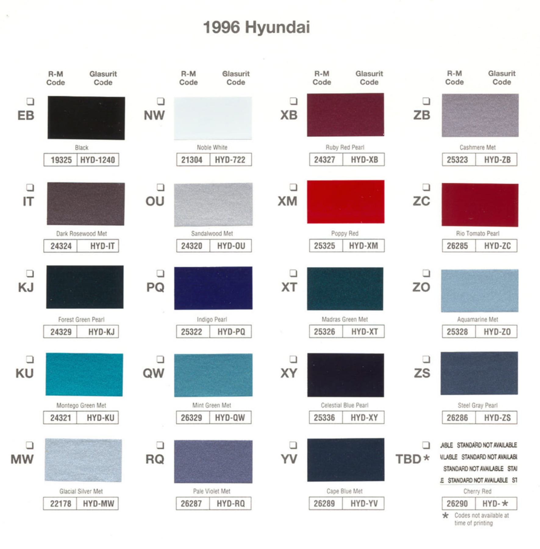 1996 Hyundai All Model Paint Chart