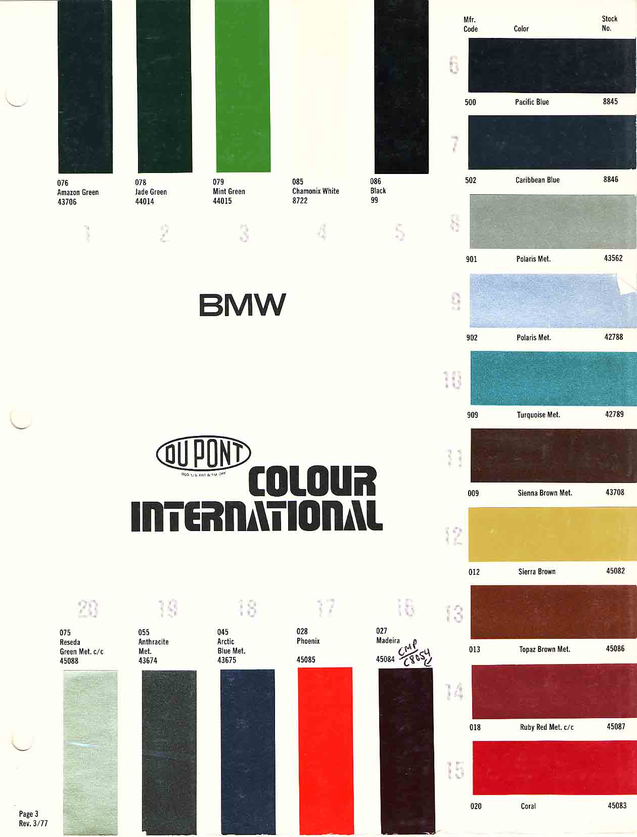 exterior paint colors and their ordering codes for the BMW models