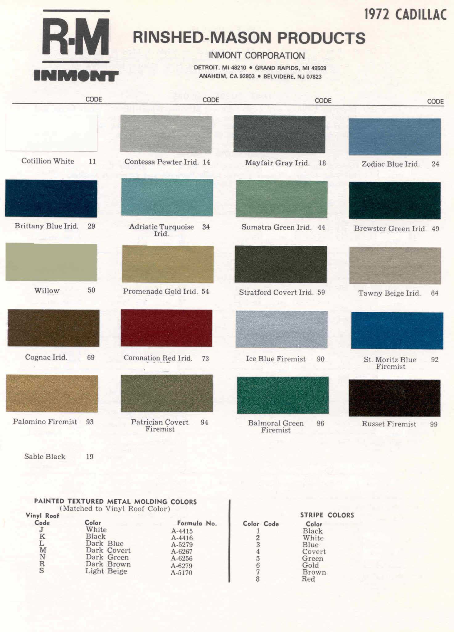 Cadillac Paint Paint Color Example Charts, Descriptions