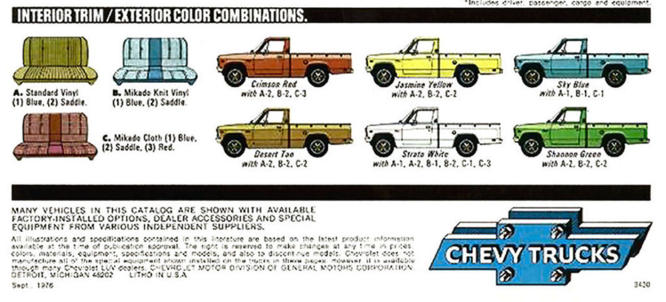 Exterior colors used on The Chevy Luv Truck in 1977