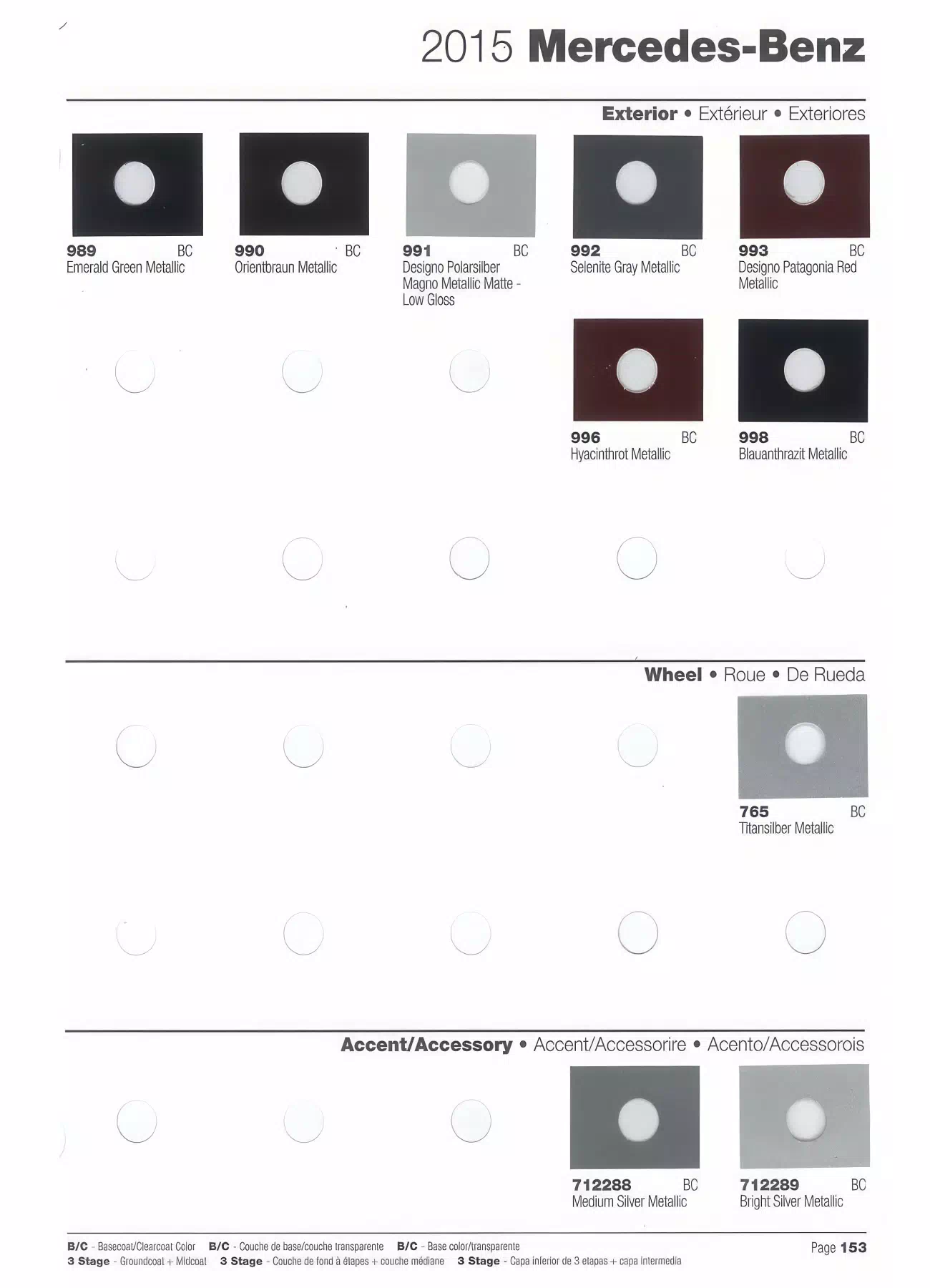A paint chart showing paint swatches, paint codes and color names  for 2015 Mercedes-Benz automobiles