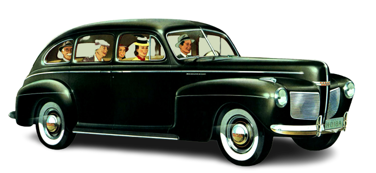 1941 Mercury Town Sedan, with a family in the car.  Taken from the brochure of the 1941 Mercury.  Painted in black, transparent background