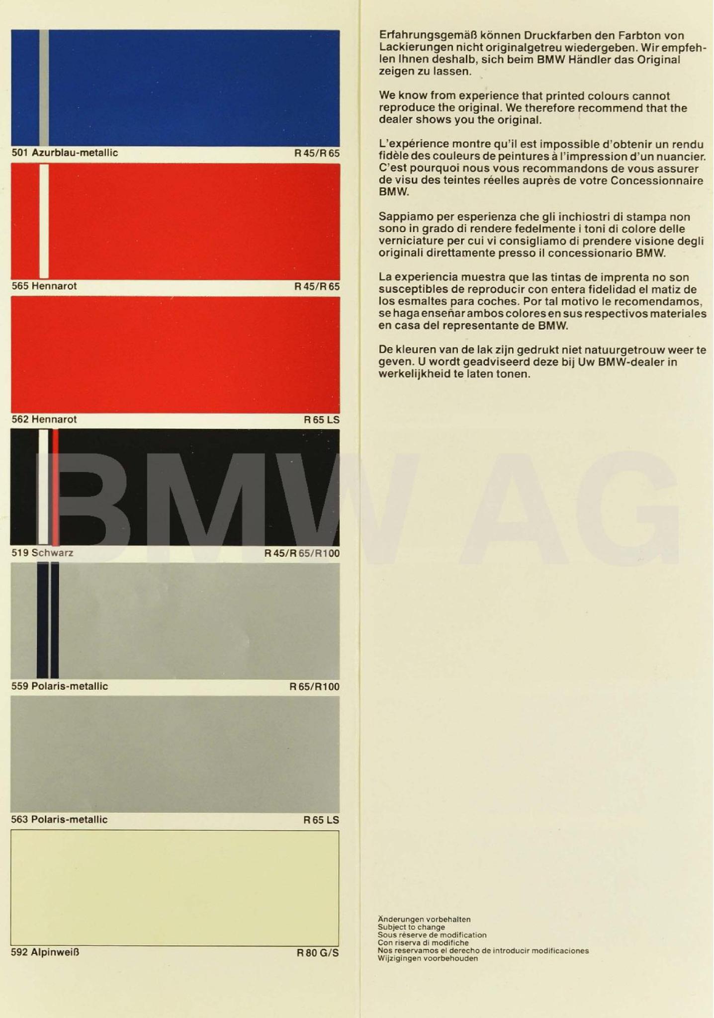 Colors used on BMW Motorcycles in 1982