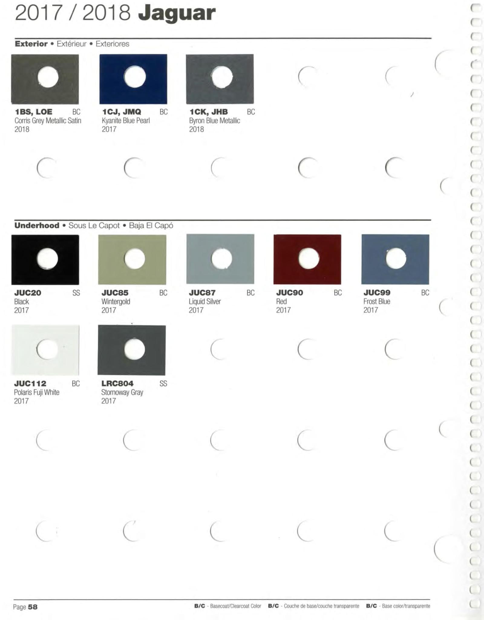 paint swatches and codes used on jaguar vehicles