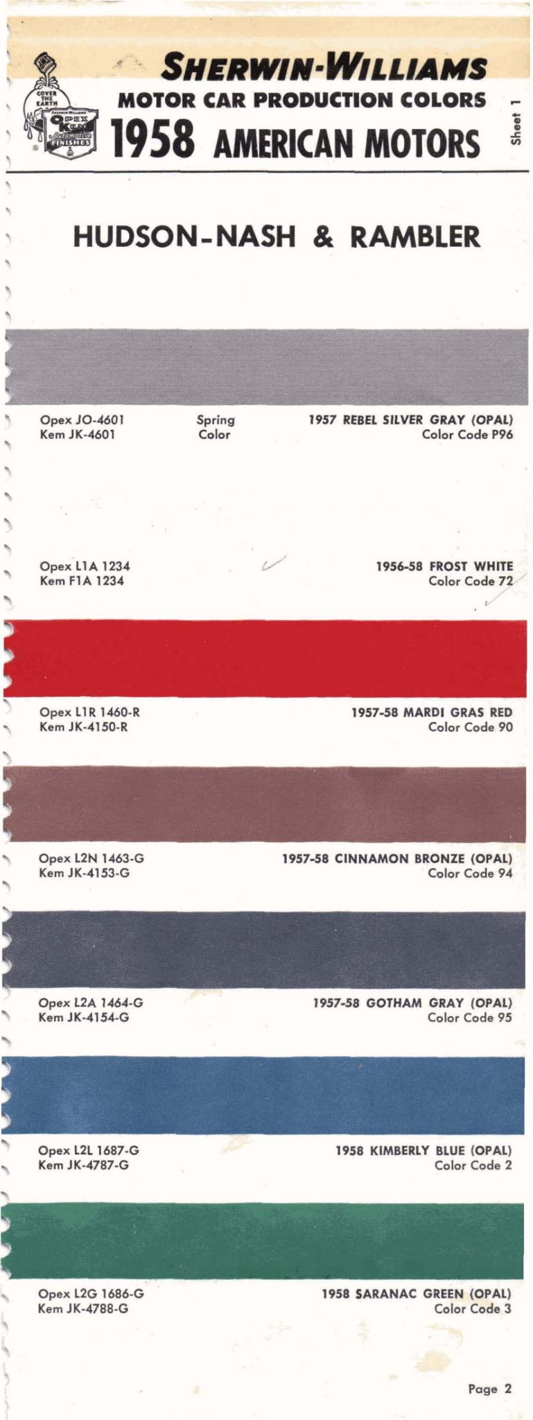 Paint Codes and examples used on Hudson, Nash and Rambler in 1958