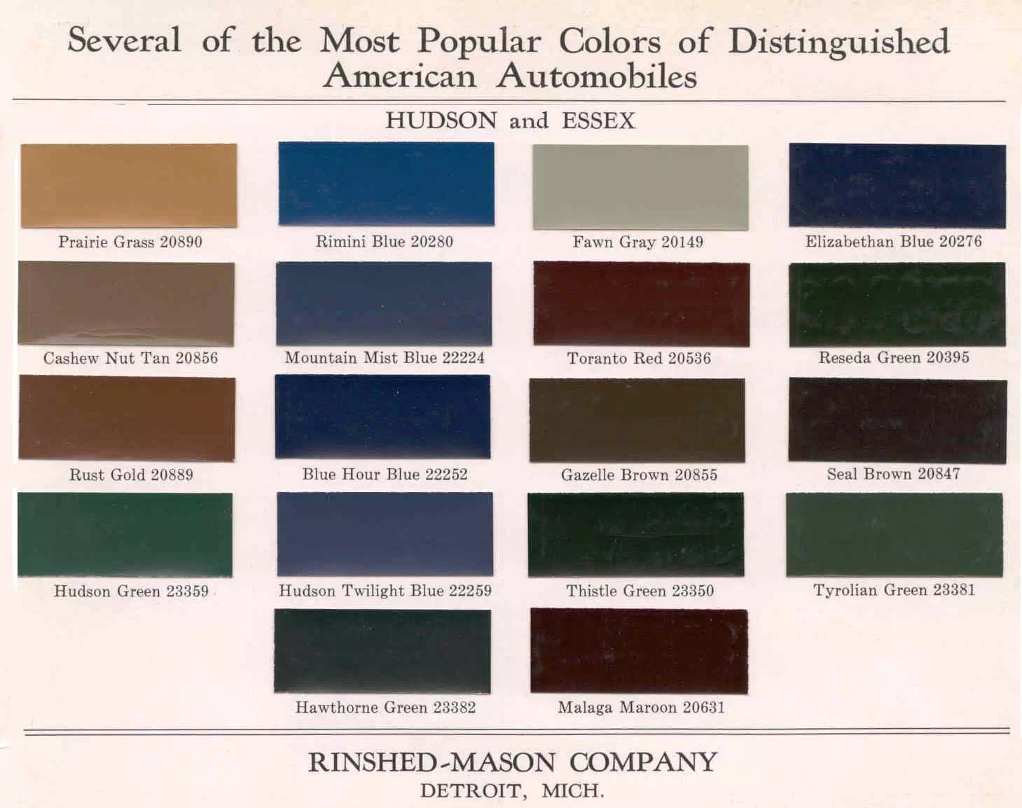 Various colors used on Hudson and Essex Vehicles