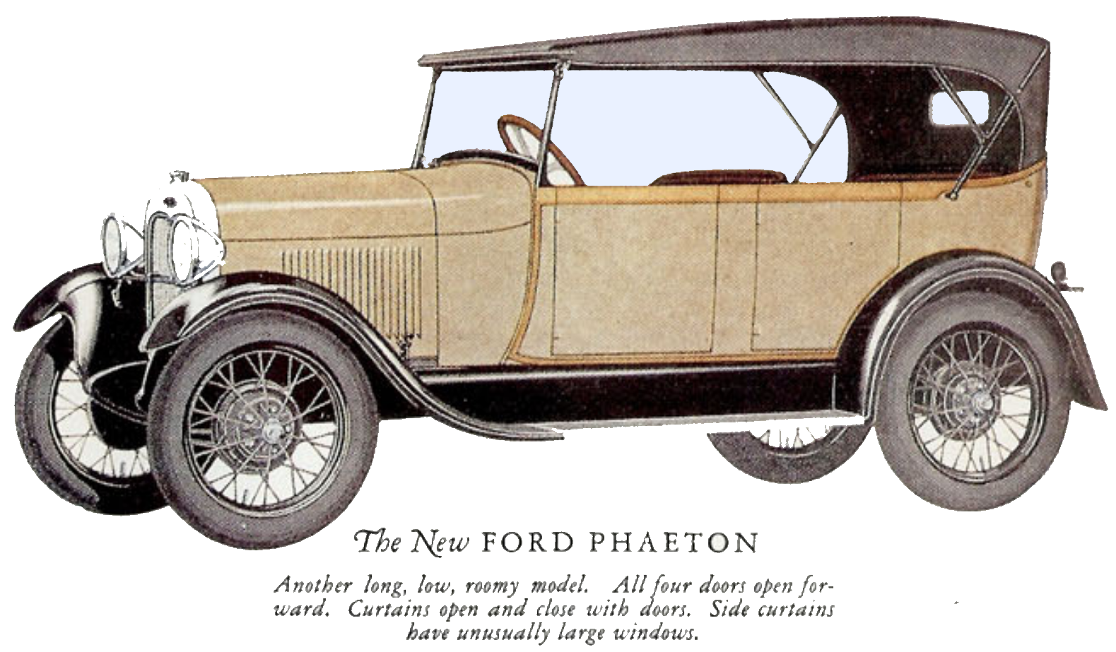 Sketch of a 1928 ford phaeton model a from the ford brochure