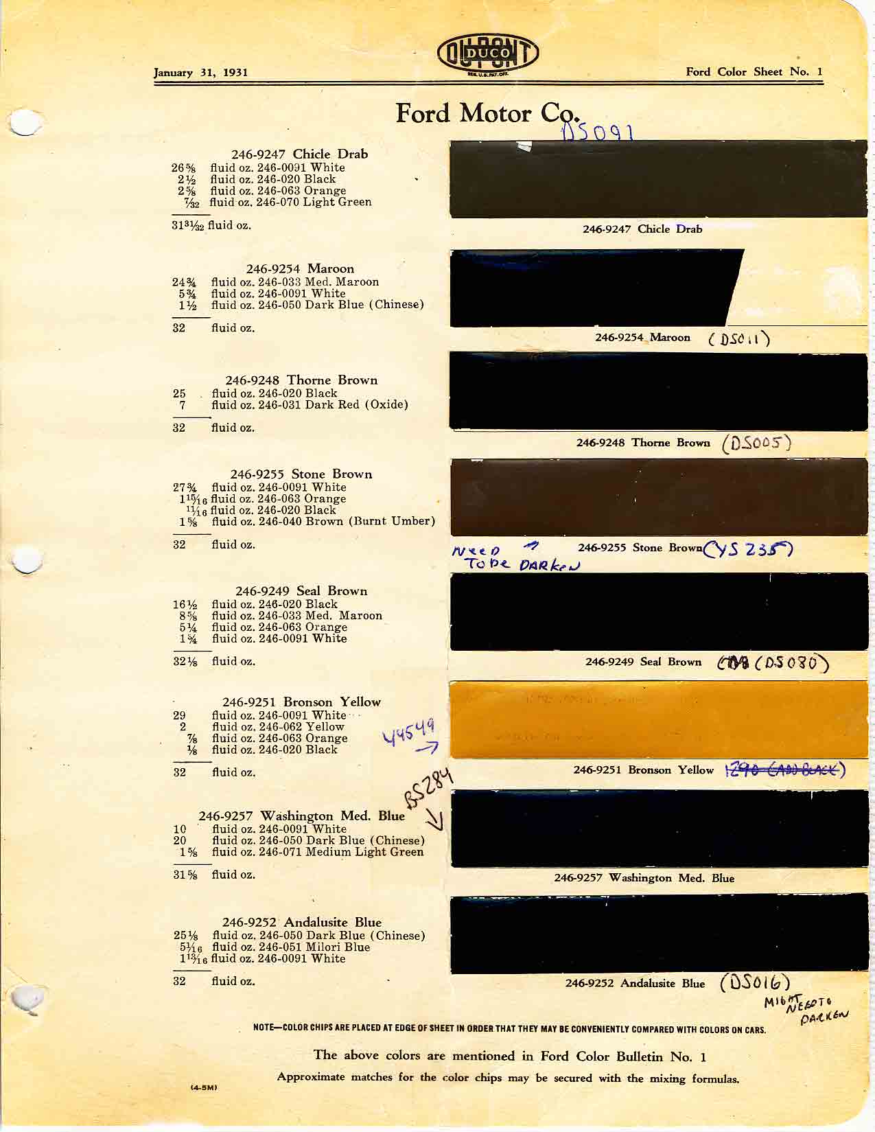 Colors used on Ford Model A Vehicles in 1930