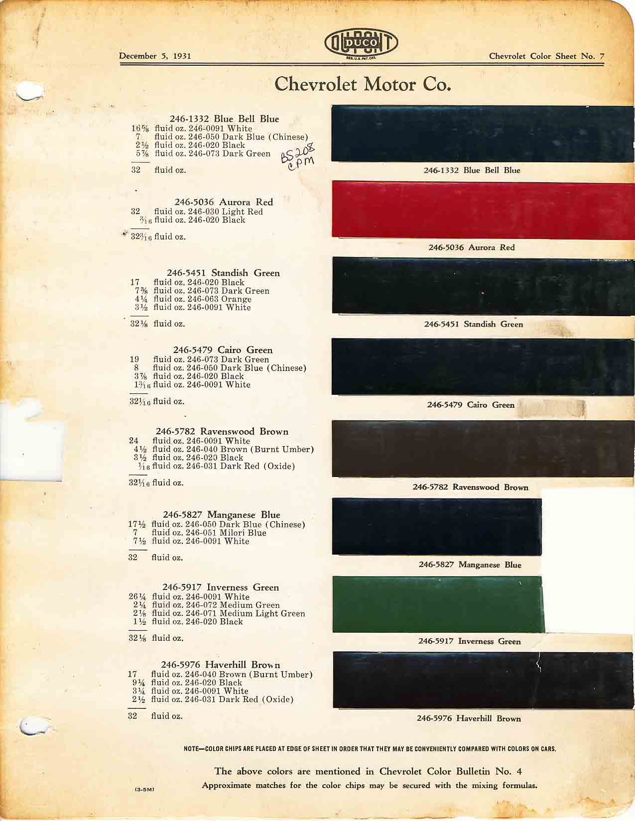Colors and codes used on Chevrolet Vehicles in 1931