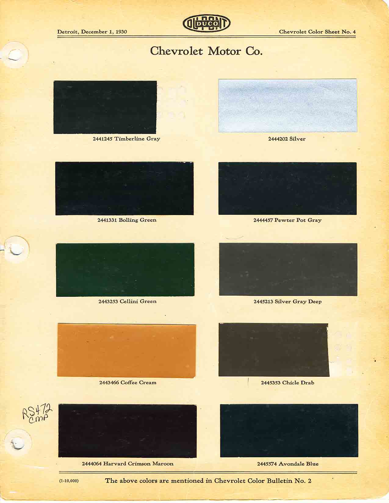 Colors and codes used on Chevrolet Vehicles in 1931