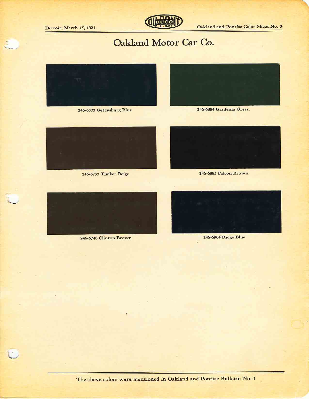 Colors and codes used on Oakland Vehicles in 1931