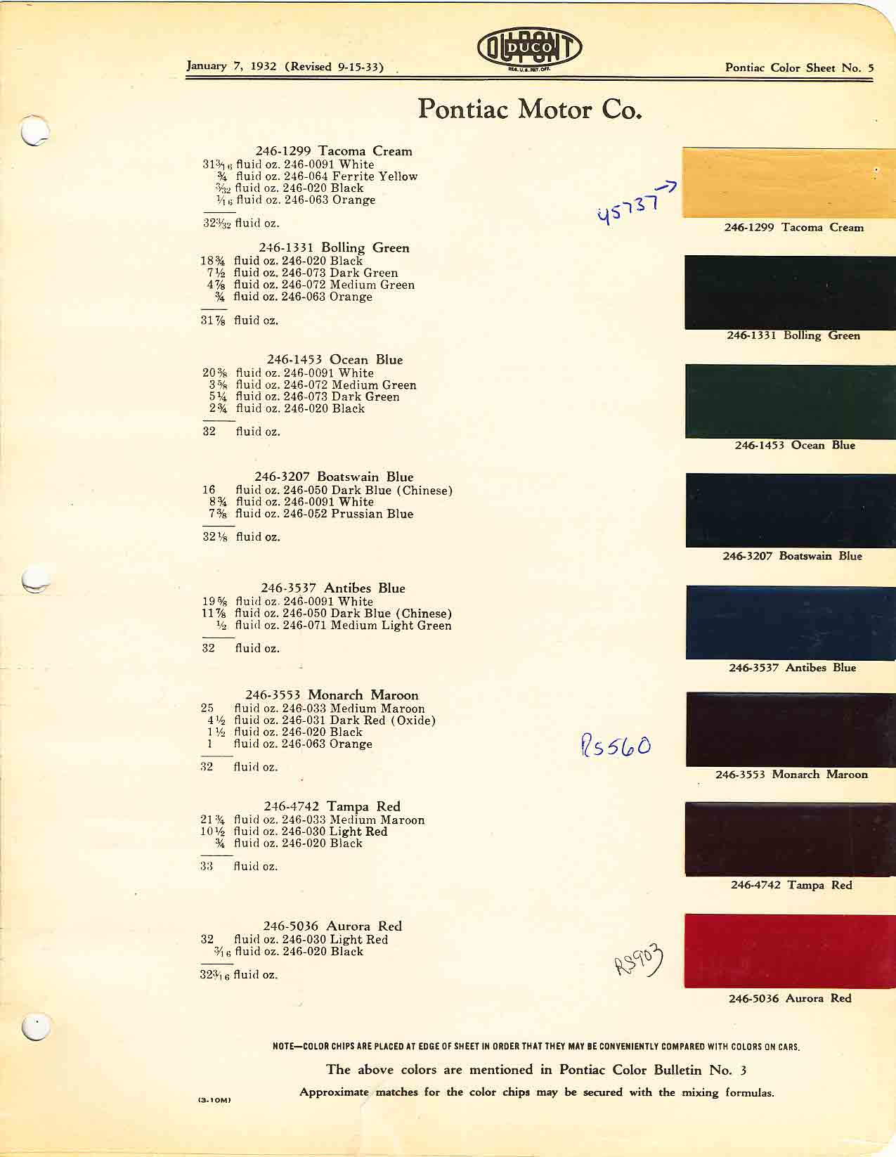 Colors and codes used on Pontiac Vehicles in 1931