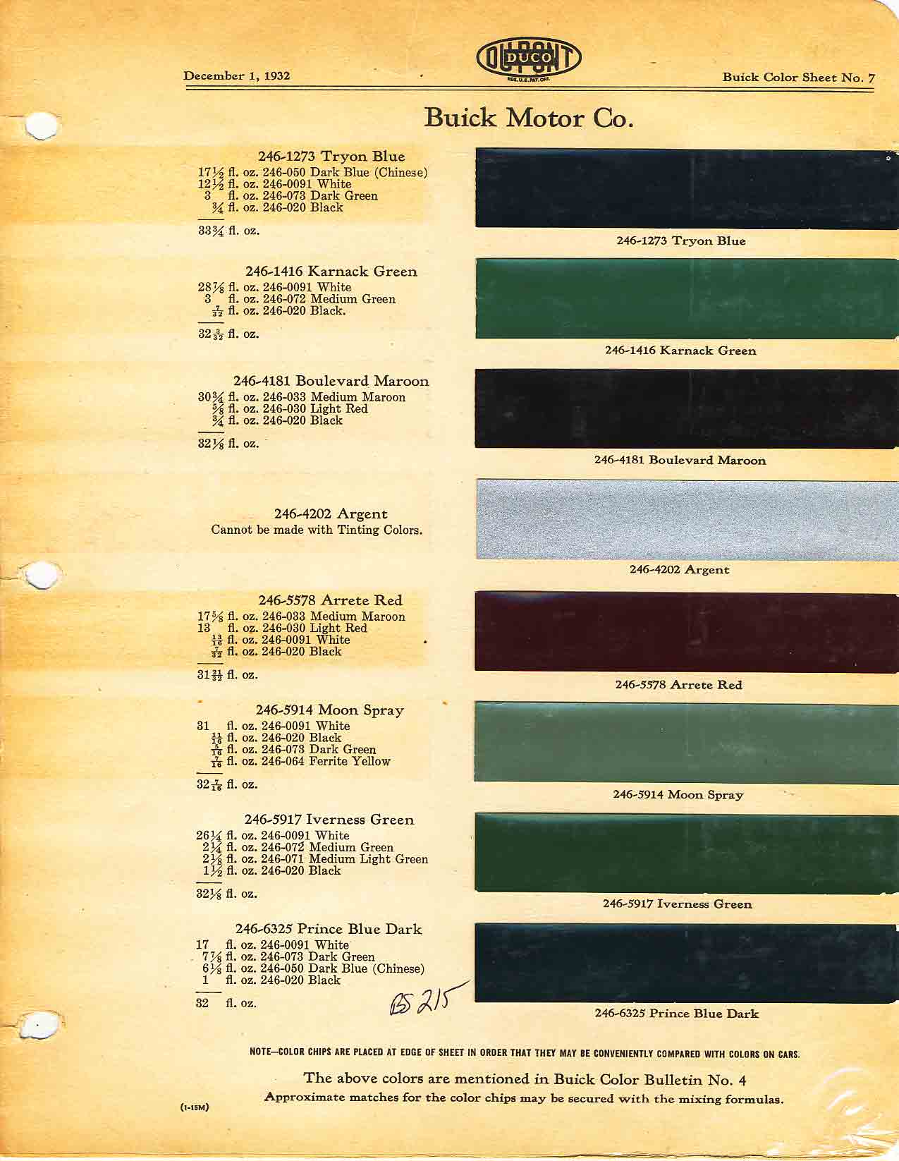 Colors and codes used on Buick Vehicles in 1932