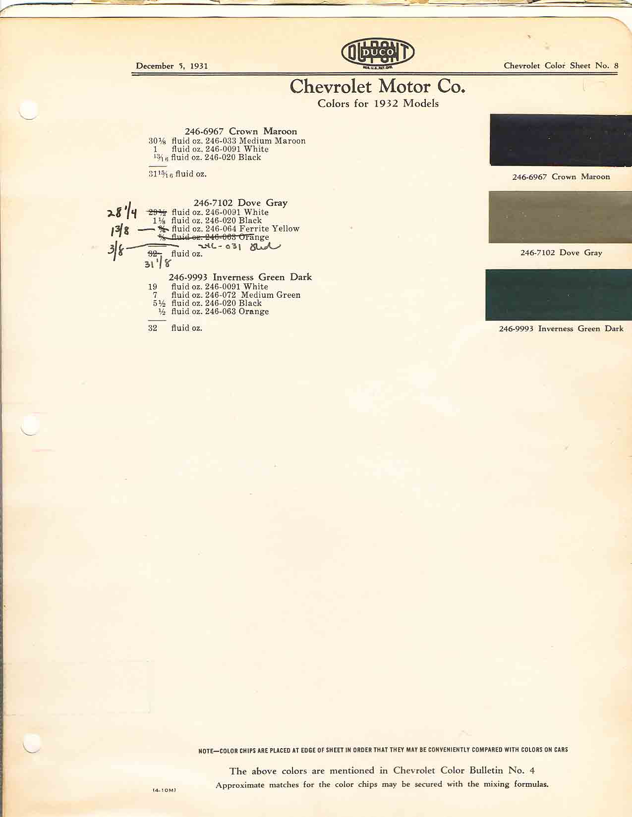 Colors and codes used on Chevrolet Vehicles in 1932
