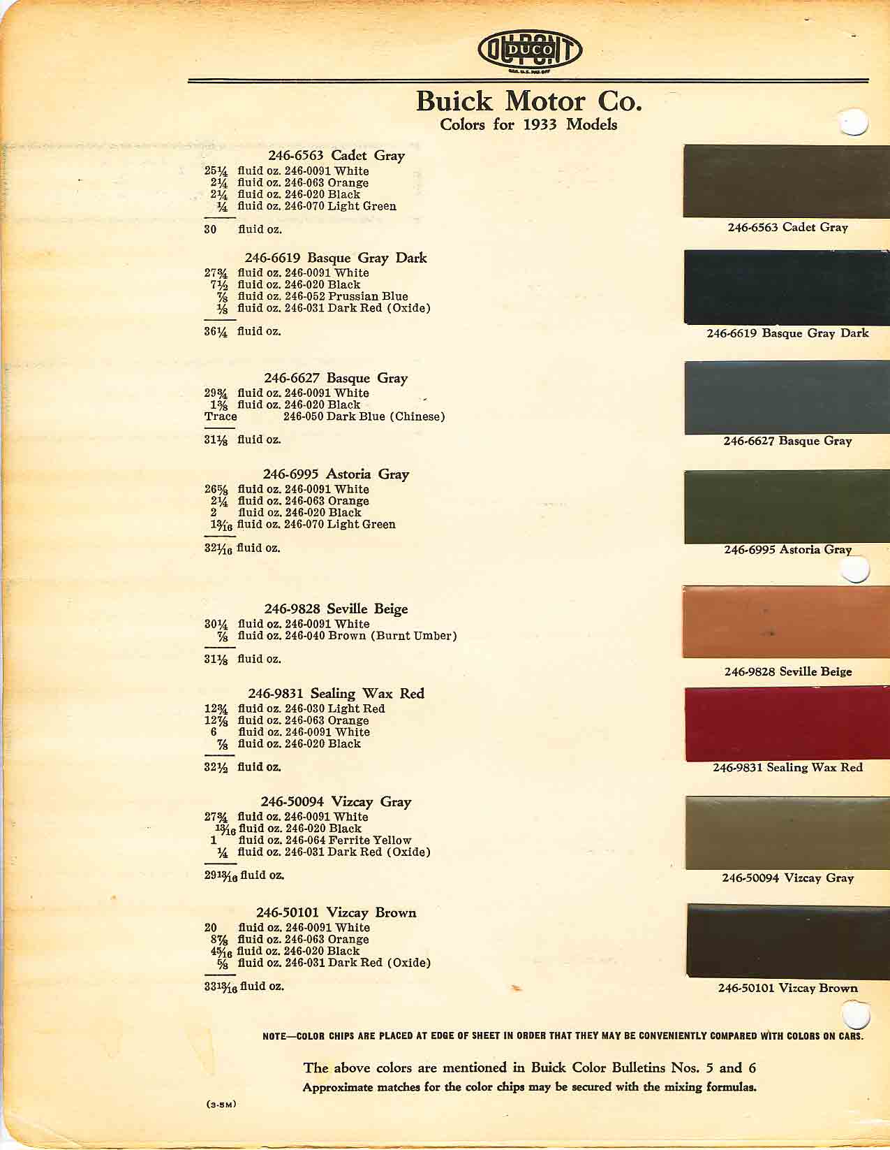 Colors and codes used on Buick Vehicles in 1933